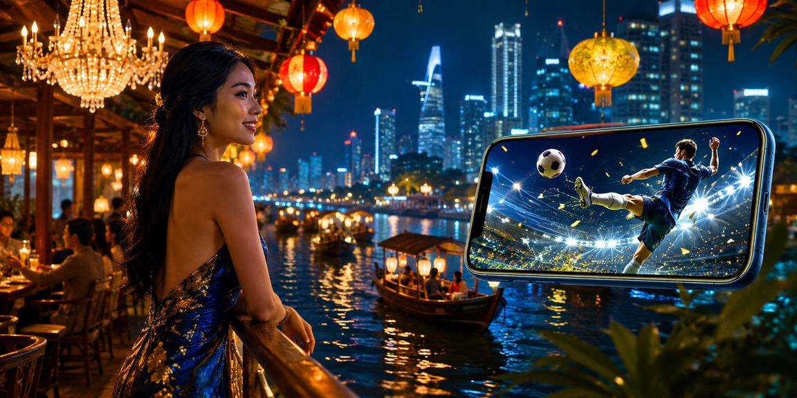 Người dùng đặt cược thể thao qua điện thoại tại chợ đêm Mekong